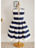 Navy Blue Ivory Taffeta Stripes Knee Length Flower Girl Dress 